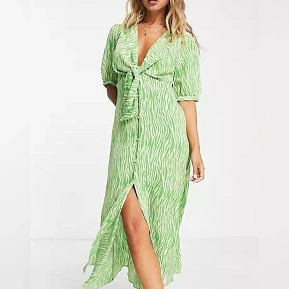ASOS DESIGN tie front button up midi dress in green animal print - Picture 1 of 5